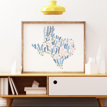 Poster // Texas Bluebonnets and Primrose // Texas State Map and Flowers // Multiple Sizes Available 