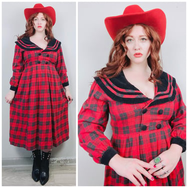 1980s Vintage JG Hook Cotton Red Plaid Dress / 80s / Eighties Flannel Corduroy Sailor Collar Double Breasted / Large 