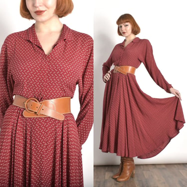 Vintage 1980s Dress / 80s Norma Kamali Geometric Print Rayon Dress / Burgundy ( small S ) 