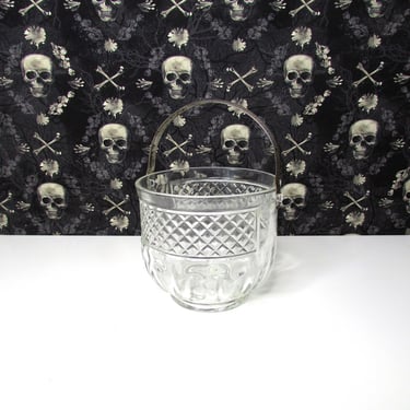 Vintage Glass or Crystal Ice Bucket with Hammered Silver Handle Cambridge King Edward? Diamond  Pattern 