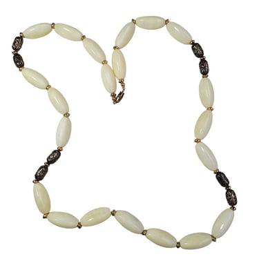 Bakelite Oval Beads Necklace 32” Gold Toned Metal Lace Stations & Spacers 