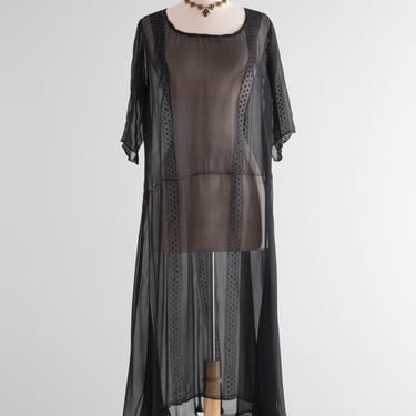 Antique 1920's Sheer Black Silk Chiffon Dress / ML