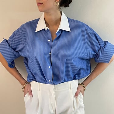 90s pinstriped blouse / vintage blue striped pinstripe cotton contrast white collar button down boyfriend blouse shirt | Extra Large XL 