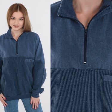 Navy Blue Sweatshirt 80s Quarter Zip Sweatshirt Retro Collared Pullover Sweater Tonal Knit Basic Casual Vintage 1980s Large 