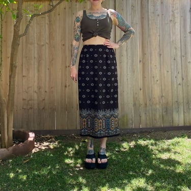 Vintage 1990’s Black, Blue and Brown Paisley Maxi Skirt 