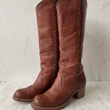 Vintage Frye Cognac Braided Leather Campus Boots Size 8
