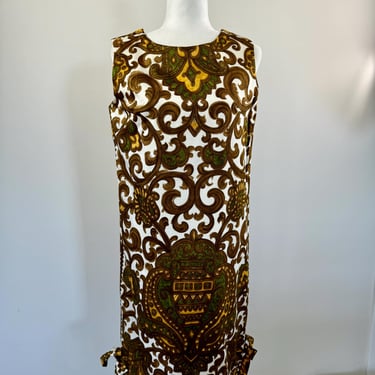 1970s Cotton Baroque Print Boxy Shift Dress 