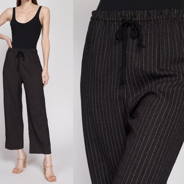 Small 90s Black Pinstriped Drawstring Lounge Pants | Vintage Elastic Waist Casual Striped Rayon Blend Straight Leg Trousers 