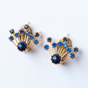 Vintage 50s Blue Rhinestone Earrings / 1950s Made in Austria Gold & Crystal Earrings 