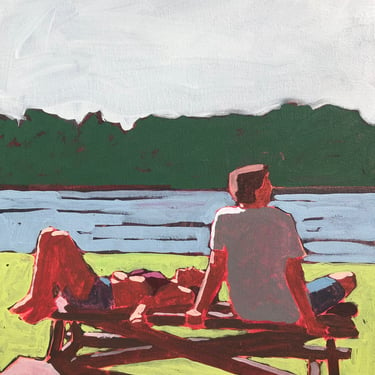 Woman and Man on Bench - Original Acrylic Painting on Canvas 14 x 14, lake, summer, michael van, gallery wall, figurative, landscape 