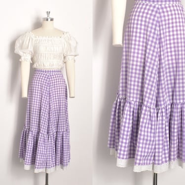 Vintage 1970s Skirt / 70s Gingham Cotton Peasant Skirt / Purple White ( small S ) 