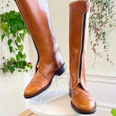 Vintage 1970s Campus Boots | 70s Caramel Brown Leather Knee High Boho Riding Boots | size US 7 