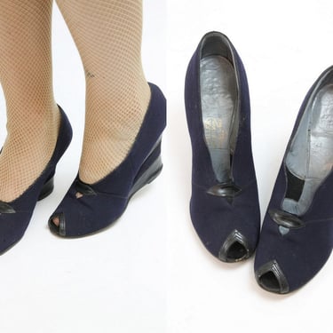 1940s navy fabric wedges size 5.5-6 us | vintage peep toe shoes | new in 