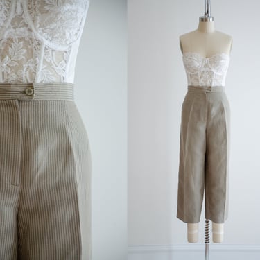 high waisted pants | 90s y2k plus size vintage greige green striped linen straight leg cropped pants 