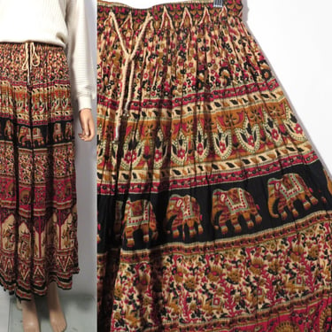 Vintage 90s India Gauzy Cotton Drawstring Elephant Print Broomstick Skirt Free Size 