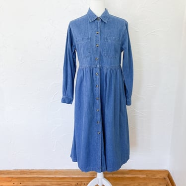 90s Medium Blue Cotton Denim Shirt Dress | Medium/Large 