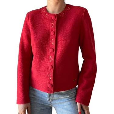 Vintage Womens Geiger Red Boiled Wool Floral Austrian Cardigan Jacket Sz 38 