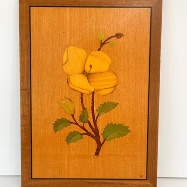 Vintage Wood Inlay Poppy Wall Hanging. Marquetry Wood Floral Art. Vintage Wood Wall Decor. 