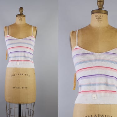 70s Knit Crop Top | Sun Top  | White w/ Multicolor Stripes | Unworn, Made in USA 