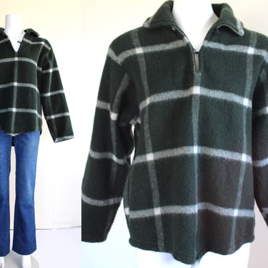 1930s Woolrich Thick Plaid Wool Pullover Sweater - Vintage Dark Green Collared Henley - Mens Small Womens Large 