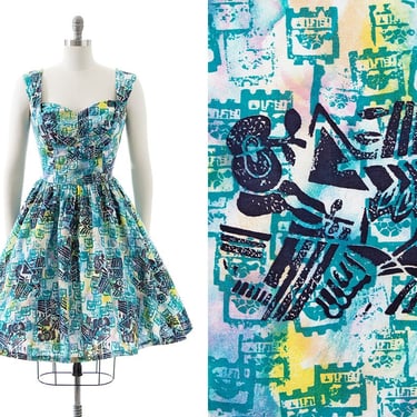 Vintage 1950s Sundress | 50s Novelty Print Cotton Fruit Turtles Blue Teal Sweetheart Neckline Fit and Flare Day Dress with Pockets (medium) 