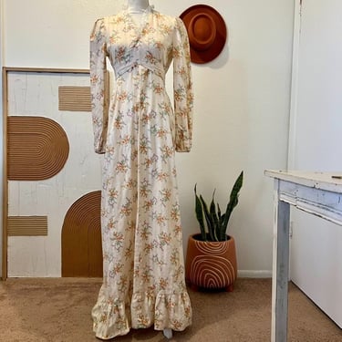 Vintage 70s Cottage Floral Print Lace Trim Wrap Puffed Long Sleeve Maxi Dress 