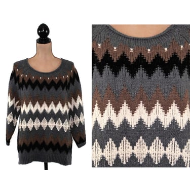 Y2K Chunky Tribal Knit Sweater Large, Zig Zag Stripe Earthy Wool Blend Roll Neck Pullover from J JILL 