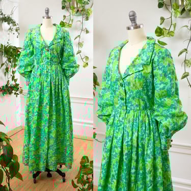 Vintage 1960s Maxi Dress | 60s Floral Green Nylon Plissé Fit and Flare Button Down Shirtwaist Hostess Party Gown | small 