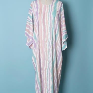 1980s Pastel Rainbow Wavy Stripe Print Kaftan with Exaggerated Sleeves 