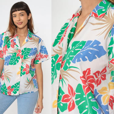 Tropical Floral Shirt 80s 90s White Hawaiian Blouse Cotton Button Up Vintage Surfer Vacation Short Sleeve Leaf Print Retro Top 1980s Medium 