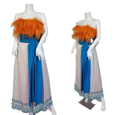 Ben Farrales 1960's Strapless Ivory Beaded Gown Dress I Ostrich Feather Trim I Sz Med I Manila I Designer I Filipino 