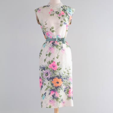 Beautiful 1950's Silk Watercolor Floral Print Cocktail Dress / Medium