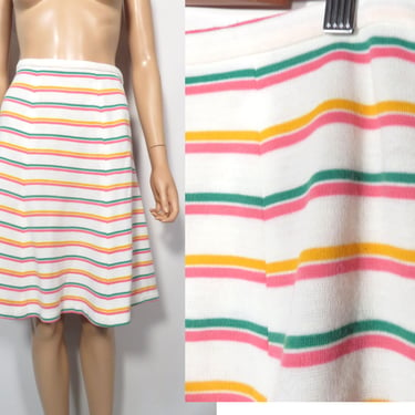 Vintage 70s Bright Striped A Line Midi Skirt Made In Britain Size 27/28 Waist 