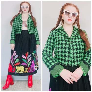 1990s Vintage Victor Costa Green and Black Houndstooth Blazer / 90s Acrylic Lace Trim Cropped Jacket / Medium 