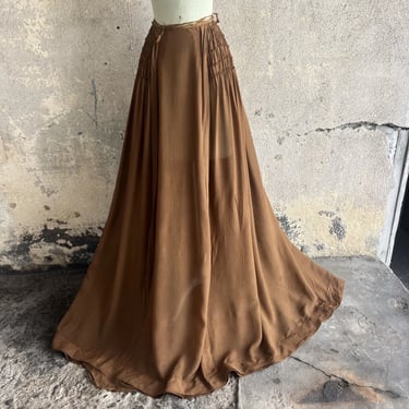 Antique Edwardian Brown Silk Full Length Skirt Ruched Waist Hand Stitch Vintage