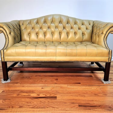 Vintage Tufted Chippendale Leather Settee Sofa 
