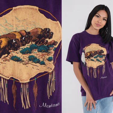 Montana T-Shirt 90s Native Art Shirt Dreamcatcher Buffalo Bison Tee Wildlife Single Stitch Purple Vintage 1990s Screen Stars Medium Large 