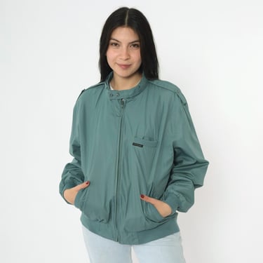 Vintage Cafe Racer Jacket 80s Green Bomber Windbreaker Jacket Zip Up Moto Epaulette Coat Sporty Streetwear Retro 1980s Large L 