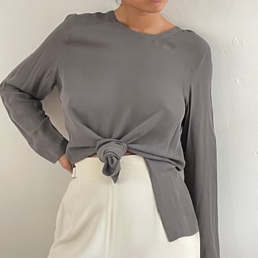 90s silk crewneck tunic blouse / vintage pewter gray silk crepe semi sheer delicate back button crew neck tunic blouse | Large 