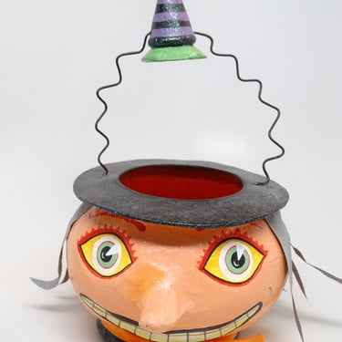 Vintage Reproduction Witch Jack O Lantern Candy Container with Hat on Handle 