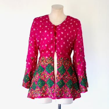 Vintage Indian Silk Phulkari Work Saree Jacket - Embroidered Dragonfly and Flower Magenta Pink Coat - Medium 