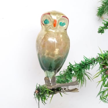 Antique Hand Painted Russian Mercury Glass Owl Christmas Ornament Clip, Vintage Feather Tree Decoration 