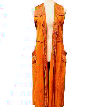 Vintage Char & Sher Cognac Suede and Leather Fringed Duster Vest