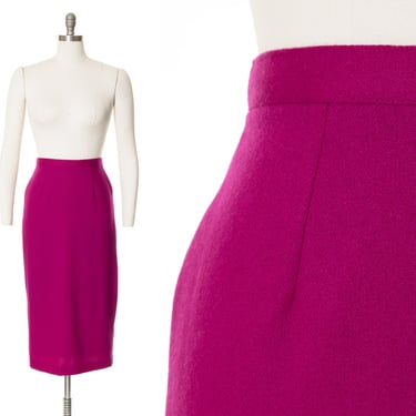 Vintage 1980s Pencil Skirt | 80s Wool Fuchsia Magenta High Waisted Secretary Work Skirt (small) 