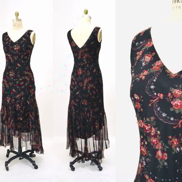 Vintage 90s 00 Y2K Bias Cut Silk Dress Black Beaded Floral Print Silk Bias Cut Tank Dress Medium Large Silk Floral Print Beaded Tank Dress 
