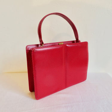 1960's Red Leather Structured Purse Mod Style Handbag Top Handle Gold Clasp 60's Handbags Andrew Geller 