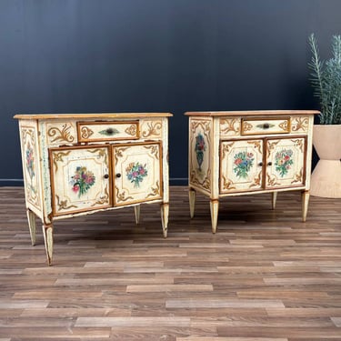 Pair of Italian Neoclassical Style Hand Painted Night Stands Cabinets, c.1950’s 