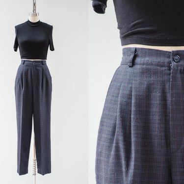 high waisted pants | 80s 90s vintage black navy green pink plaid checkered pleated dark academia trousers 