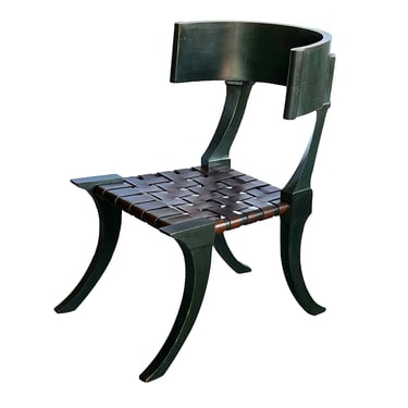 French 1940's Forest-Green Painted Klismos Chair with Leather Strapwork Seat