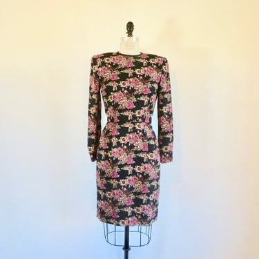 I Magnin 1980's Black Magenta Floral Silk Evening Sheath Dress Lace Sequin Back Long Sleeves Formal Cocktail Party 27.5" Waist Small Medium 